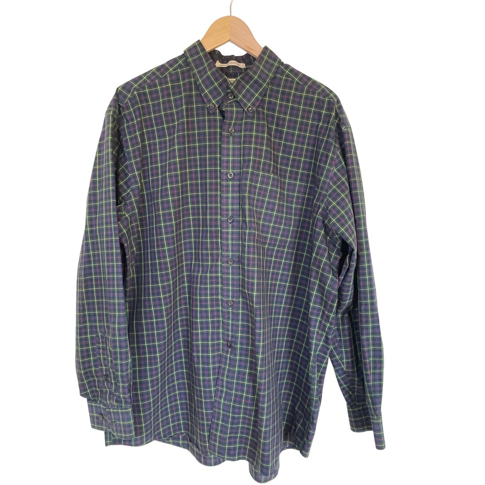 LL Bean Mens XL Regular Wrinkle Resistant Plaid Button Down Shirt Navy Green